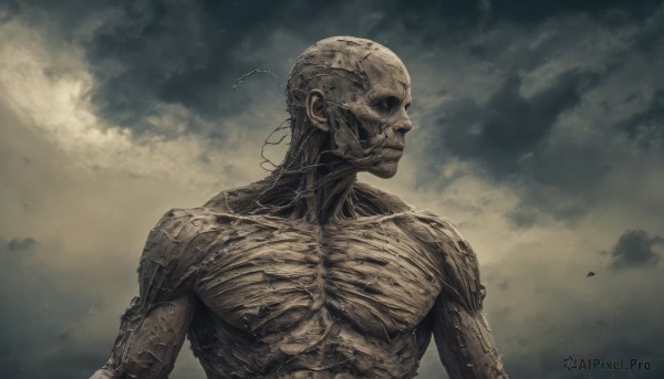 solo,1boy,upper body,male focus,outdoors,sky,cloud,no humans,cloudy sky,science fiction,realistic,antennae,bald,ribs,skeleton,alien,monochrome,glowing,veins,monster,horror (theme)