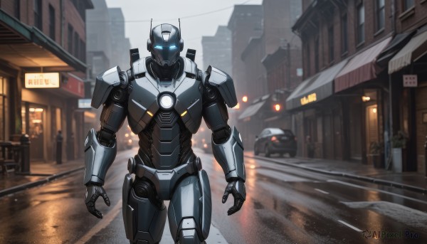 solo,looking at viewer,blue eyes,1boy,standing,male focus,outdoors,armor,no humans,glowing,robot,ground vehicle,building,mecha,glowing eyes,motor vehicle,walking,science fiction,city,car,road,street,open hands,power armor,humanoid robot,truck,blurry,window,sign,lamppost,traffic light