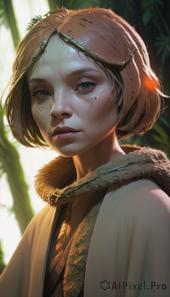 1girl,solo,looking at viewer,short hair,brown hair,brown eyes,jewelry,upper body,parted lips,teeth,artist name,necklace,blurry,lips,fur trim,eyelashes,blurry background,sunlight,bob cut,plant,freckles,realistic,nose,earrings,watermark,facial mark,nature,backlighting,facepaint,dirty