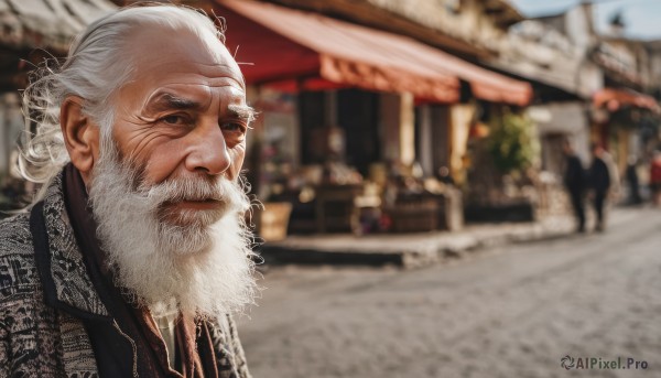 solo,1boy,closed mouth,jacket,upper body,white hair,male focus,outdoors,day,blurry,depth of field,blurry background,facial hair,scar,beard,realistic,mustache,old,old man,photo background,wrinkled skin,solo focus,black eyes,lips,scar on face,scar across eye