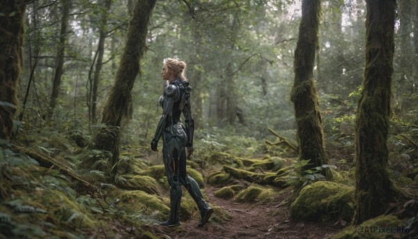 1girl, solo, short hair, blonde hair, outdoors, tree, bodysuit, nature, scenery, forest, walking, science fiction, realistic