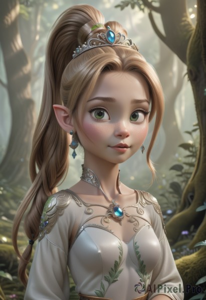 1girl,solo,long hair,breasts,looking at viewer,blonde hair,brown hair,long sleeves,dress,jewelry,green eyes,collarbone,upper body,ponytail,earrings,small breasts,outdoors,parted lips,choker,day,pointy ears,necklace,white dress,blurry,tree,lips,blurry background,tiara,high ponytail,elf,gem,nature,forest,freckles,bangs,cleavage,artist name,realistic,nose