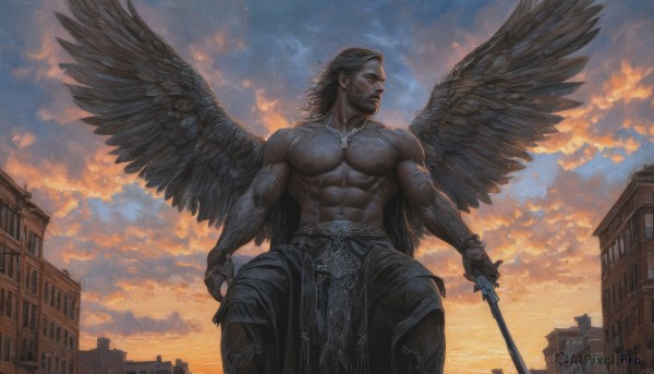 solo,black hair,1boy,navel,holding,jewelry,closed mouth,nipples,weapon,male focus,outdoors,wings,sky,pants,sword,cloud,dark skin,necklace,holding weapon,bracelet,tattoo,muscular,facial hair,scar,holding sword,abs,from below,dark-skinned male,cloudy sky,pectorals,muscular male,building,bara,feathered wings,large pectorals,black wings,veins,topless male,sunset,angel wings,mature male,manly,biceps,chest tattoo,statue,spread wings,veiny arms,short hair,stomach,looking to the side,katana,beard,flying,realistic,loincloth