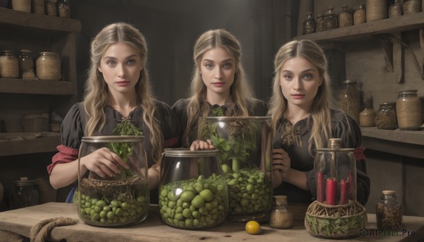 long hair,looking at viewer,smile,blue eyes,multiple girls,blonde hair,brown hair,brown eyes,upper body,food,indoors,3girls,fruit,siblings,table,bottle,sisters,realistic,basket,shelf,grapes,jar,fine art parody,lips