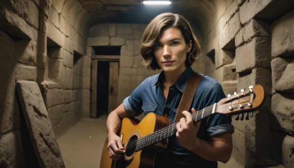 1girl,solo,looking at viewer,smile,short hair,blonde hair,brown hair,shirt,brown eyes,upper body,multicolored hair,collared shirt,lips,blue shirt,instrument,sleeves rolled up,realistic,music,guitar,ruins,playing instrument,holding instrument,electric guitar,real life insert,acoustic guitar,blue eyes,parody