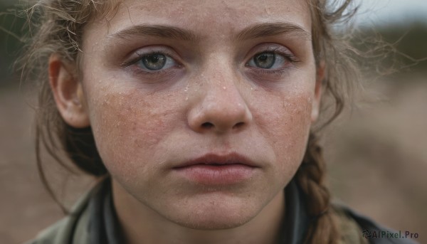 1girl,solo,long hair,looking at viewer,blonde hair,brown hair,brown eyes,closed mouth,braid,blurry,lips,grey eyes,single braid,depth of field,blurry background,portrait,close-up,freckles,realistic,nose,twin braids,eyelashes,facial hair