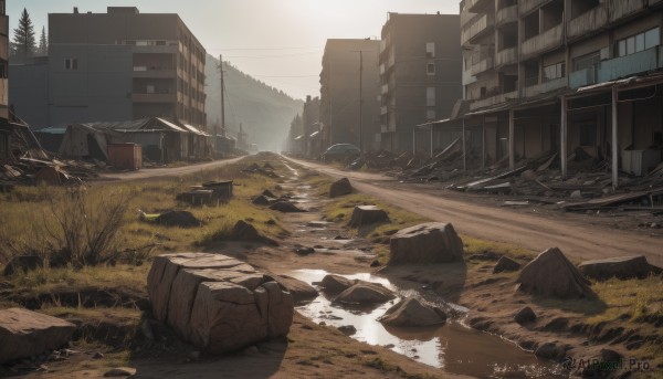 outdoors,sky,day,water,tree,no humans,grass,ground vehicle,building,scenery,motor vehicle,rock,city,car,road,ruins,house,bridge,power lines,river,utility pole,rubble,post-apocalypse,cloud,window,bare tree,debris