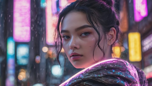 1girl, solo, looking at viewer, black hair, jewelry, earrings, outdoors, parted lips, looking back, hair bun, mole, blurry, lips, mole under eye, blurry background, single hair bun, rain, realistic, nose, neon lights