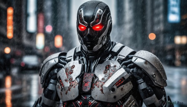 solo,looking at viewer,red eyes,1boy,upper body,male focus,armor,blurry,blood,blurry background,glowing,helmet,robot,glowing eyes,science fiction,rain,city,power armor,outdoors,mask,tokusatsu