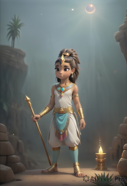 1girl,solo,long hair,smile,brown hair,black hair,holding,bare shoulders,brown eyes,jewelry,closed mouth,standing,full body,ponytail,earrings,outdoors,sleeveless,dark skin,nail polish,bracelet,dark-skinned female,tree,sandals,aged down,staff,child,armlet,toenails,holding staff,toenail polish,female child,candle,bracer,egyptian,egyptian clothes,breasts,looking at viewer,shirt,hair ornament,collarbone,white shirt,small breasts,belt,pants,artist name,necklace,blurry,black eyes,lips,sash,makeup,toes,blurry background,sunlight,high ponytail,plant,gem,pelvic curtain,arms at sides,forehead jewel,torch,puffy pants