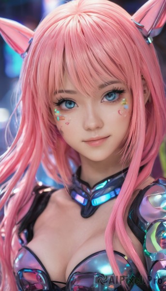 1girl,solo,long hair,breasts,looking at viewer,smile,bangs,blue eyes,animal ears,cleavage,medium breasts,closed mouth,upper body,pink hair,armor,blurry,lips,eyelashes,makeup,blurry background,headgear,facial mark,pink lips,realistic,nose,artist name,depth of field,science fiction,cyborg,cyberpunk