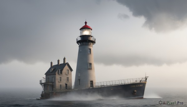 outdoors,sky,cloud,water,no humans,ocean,cloudy sky,building,scenery,smoke,watercraft,ship,tower,boat,fog,grey sky,chimney,window,horizon,clock,smokestack,clock tower