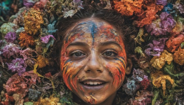 1girl,solo,looking at viewer,smile,black hair,brown eyes,flower,parted lips,teeth,grin,blurry,black eyes,lips,leaf,portrait,blue flower,realistic,purple flower,facepaint,orange flower,open mouth,brown hair,1boy,horror (theme)