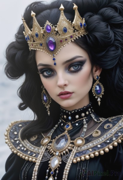 1girl,solo,long hair,looking at viewer,blue eyes,black hair,dress,jewelry,closed mouth,upper body,earrings,artist name,necklace,blurry,black dress,lips,eyelashes,makeup,blurry background,watermark,wavy hair,tiara,crown,lipstick,brooch,gem,portrait,eyeshadow,curly hair,eyeliner,gold,blue gemstone,mascara,simple background,realistic,pearl necklace