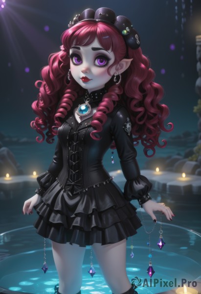 1girl,solo,long hair,breasts,looking at viewer,bangs,skirt,hair ornament,long sleeves,dress,jewelry,closed mouth,standing,purple eyes,red hair,earrings,small breasts,boots,outdoors,frills,pointy ears,artist name,black skirt,water,necklace,nail polish,black dress,lips,makeup,night,fangs,drill hair,knee boots,lipstick,brooch,gem,pale skin,red nails,corset,wading,pendant,eyeshadow,cross-laced footwear,lolita fashion,gothic lolita,red lips,candle,gothic,puffy sleeves,wavy hair,frilled dress,curly hair,lolita hairband,ringlets