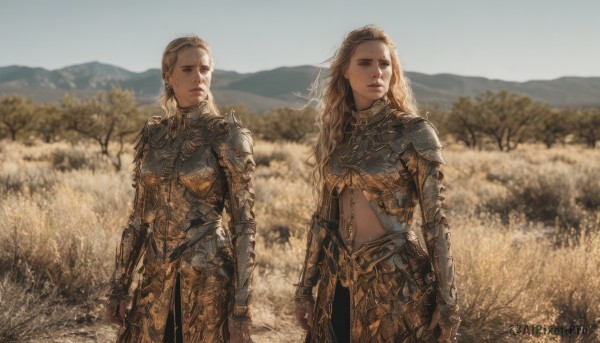 long hair,looking at viewer,blue eyes,multiple girls,blonde hair,brown hair,gloves,navel,2girls,jewelry,closed mouth,standing,weapon,cowboy shot,earrings,outdoors,sky,day,sword,armor,blurry,tree,looking to the side,blurry background,siblings,shoulder armor,gauntlets,scenery,pauldrons,breastplate,mountain,realistic,arms at sides,field,chainmail,short hair,midriff,lips,depth of field,curly hair,fantasy