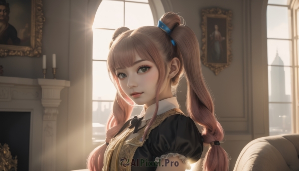 1girl,solo,long hair,looking at viewer,bangs,brown hair,shirt,dress,bow,ribbon,twintails,brown eyes,upper body,pink hair,short sleeves,frills,parted lips,day,puffy sleeves,indoors,bowtie,puffy short sleeves,lips,grey eyes,window,black bow,chair,sunlight,candle,picture frame,painting (object),smile,hair ornament,green eyes,backlighting,realistic