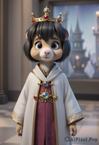 1girl,solo,looking at viewer,short hair,bangs,black hair,long sleeves,dress,animal ears,brown eyes,jewelry,closed mouth,standing,cowboy shot,indoors,wide sleeves,blurry,black eyes,depth of field,blurry background,bob cut,crown,brooch,gem,cloak,claws,furry,1other,robe,furry female,arms at sides,checkered floor,straight-on,animal nose,whiskers,blue gemstone,white robe,buck teeth,mouse,castle