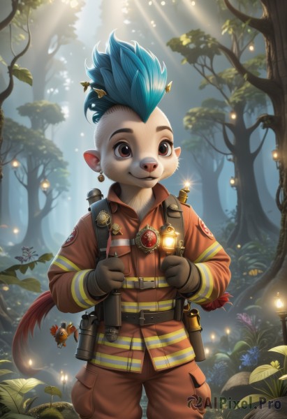 solo,smile,gloves,1boy,animal ears,brown eyes,jewelry,blue hair,tail,weapon,flower,male focus,earrings,outdoors,horns,pointy ears,belt,tree,sparkle,leaf,nature,furry,forest,furry male,male child,mohawk,jacket,sky,teeth,artist name,gun,plant