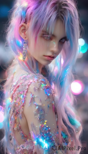 1girl,solo,long hair,looking at viewer,bangs,jewelry,closed mouth,upper body,pink hair,multicolored hair,earrings,tears,pink eyes,blurry,from side,lips,eyelashes,depth of field,blurry background,glowing,gem,crystal,realistic,nose,bokeh,dress,bare shoulders,blue hair,purple hair,parted bangs,grey eyes,makeup,watermark,wavy hair