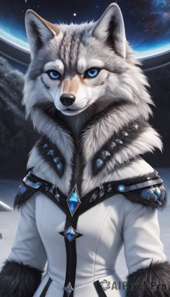 solo,looking at viewer,blue eyes,long sleeves,jewelry,closed mouth,upper body,sky,coat,fur trim,no humans,animal,scar,brooch,gem,star (sky),furry,colored sclera,fur collar,furry female,white coat,winter clothes,space,body fur,white fur,fur-trimmed coat,planet,wolf,winter coat,earth (planet),fluffy,1boy,male focus,starry sky,furry male