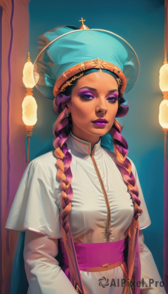 1girl,solo,long hair,breasts,looking at viewer,black hair,long sleeves,hat,dress,jewelry,medium breasts,closed mouth,purple eyes,upper body,pink hair,purple hair,braid,short sleeves,multicolored hair,earrings,dark skin,twin braids,two-tone hair,dark-skinned female,lips,sash,eyelashes,makeup,chinese clothes,piercing,thick eyebrows,lipstick,eyeshadow,lantern,layered sleeves,purple lips,mascara,multiple braids,very long hair,artist name,white dress,orange hair,gradient hair,blue background,blue headwear,nose,purple headwear,multicolored headwear