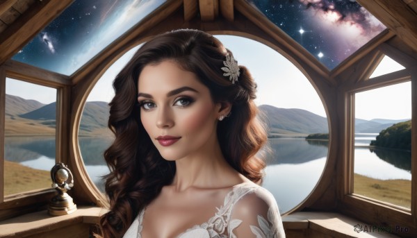 1girl,solo,long hair,breasts,looking at viewer,smile,brown hair,hair ornament,dress,brown eyes,jewelry,collarbone,upper body,earrings,sky,indoors,hair flower,dark skin,white dress,dark-skinned female,lips,eyelashes,window,makeup,wavy hair,lipstick,star (sky),starry sky,reflection,curly hair,mountain,realistic,nose,space,planet,cleavage,artist name,grey eyes,night,portrait,earth (planet)