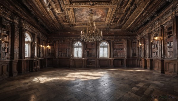 day,indoors,book,no humans,window,shadow,chair,sunlight,scenery,light rays,stairs,door,bookshelf,light,candle,architecture,sunbeam,pillar,library,ceiling,hallway,arch,candlestand,ceiling light,chandelier,table,wooden floor,fantasy,tile floor,painting (object),wooden chair