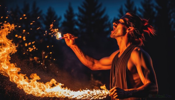 solo,open mouth,black hair,1boy,holding,jewelry,upper body,male focus,earrings,outdoors,necklace,blurry,tree,night,facial hair,fire,nature,forest,burning,bare shoulders,sky,tongue,tongue out,from side,profile,glowing,tank top,looking up,night sky,stubble,topknot