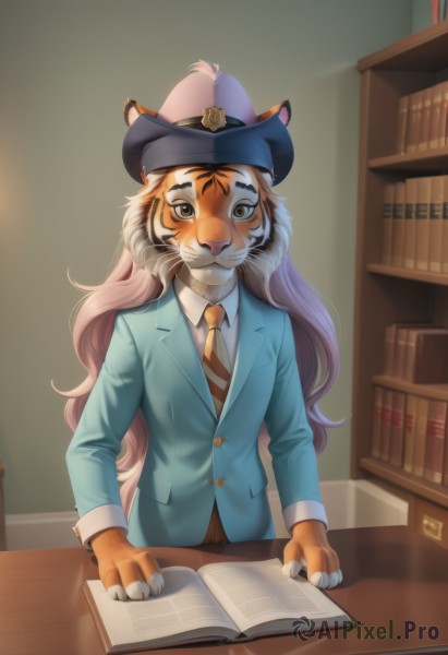 1girl,solo,long hair,looking at viewer,blush,shirt,long sleeves,1boy,hat,animal ears,brown eyes,closed mouth,standing,jacket,white shirt,upper body,pink hair,male focus,multicolored hair,necktie,striped,collared shirt,artist name,indoors,uniform,book,watermark,formal,table,blazer,thick eyebrows,suit,blue jacket,black necktie,claws,furry,desk,blue headwear,animal hands,open book,furry female,bookshelf,furry male,tiger ears,body fur,white fur,striped necktie,yellow necktie,straight-on,ears through headwear,police,animal nose,police uniform,whiskers,tiger,library,snout,orange necktie,police hat,diagonal-striped necktie,orange fur,multicolored fur,yellow eyes,vest,no humans,facial mark,web address,pocket,breast pocket,animal focus,clothed animal