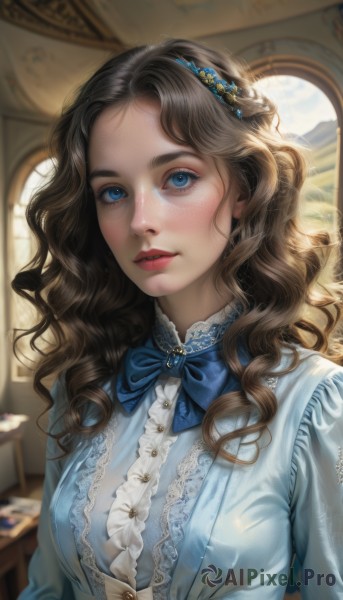 1girl,solo,long hair,breasts,looking at viewer,blue eyes,brown hair,shirt,hair ornament,long sleeves,dress,bow,ribbon,medium breasts,upper body,flower,hairband,frills,parted lips,day,artist name,indoors,bowtie,blurry,lips,eyelashes,window,makeup,buttons,depth of field,blurry background,blue dress,watermark,wavy hair,blue bow,blue ribbon,gem,freckles,curly hair,realistic,nose,blue bowtie,center frills,red lips,mascara,blush,bangs,sky,teeth,parted bangs,sunlight,lace trim,lace,lace-trimmed dress