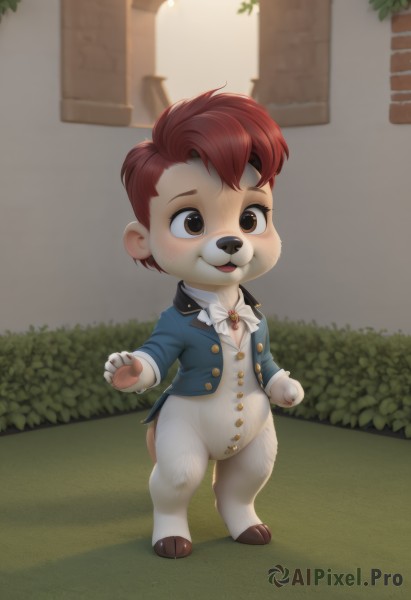 1girl,solo,looking at viewer,blush,smile,short hair,open mouth,brown hair,long sleeves,1boy,bow,animal ears,brown eyes,jewelry,standing,jacket,tail,full body,male focus,red hair,outdoors,open clothes,artist name,bowtie,chibi,vest,open jacket,:3,buttons,bottomless,grass,white bow,blue jacket,brooch,furry,freckles,animal hands,furry female,bush,furry male,blue vest,body fur,white bowtie,animal nose,snout,brown fur,animal feet,pawpads,furrification