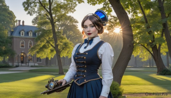 1girl,solo,breasts,looking at viewer,smile,short hair,blue eyes,skirt,brown hair,shirt,black hair,long sleeves,hat,bow,ribbon,holding,standing,white shirt,outdoors,parted lips,day,vest,tree,lips,blue skirt,window,makeup,buttons,sunlight,grass,blue ribbon,lipstick,building,scenery,freckles,camera,red lips,blue vest,house,holding camera,hair ornament,closed mouth,sky,hair bun