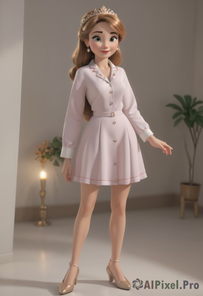 1girl,solo,long hair,breasts,looking at viewer,smile,blue eyes,brown hair,long sleeves,dress,jewelry,closed mouth,standing,full body,earrings,small breasts,indoors,white dress,blurry,high heels,makeup,shadow,brown footwear,tiara,plant,simple background,necklace,nail polish,black eyes,lips,coat,lipstick,red lips