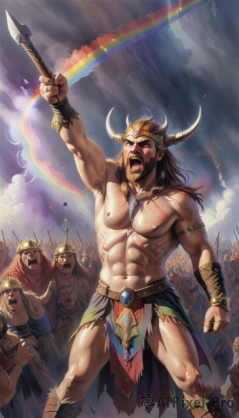 long hair,open mouth,brown hair,1boy,navel,holding,jewelry,nipples,standing,weapon,male focus,multiple boys,horns,sky,teeth,solo focus,sword,cloud,necklace,holding weapon,armor,arm up,blood,muscular,facial hair,holding sword,abs,helmet,cloudy sky,pectorals,muscular male,polearm,clenched hand,beard,armlet,6+boys,topless male,spear,fake horns,bracer,manly,rainbow,shouting,loincloth,crowd,horned helmet,army,black hair,gem