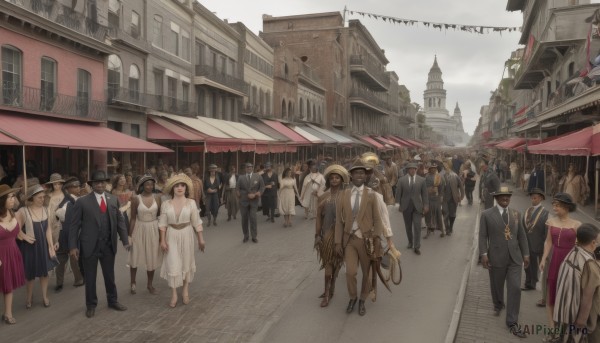 short hair,multiple girls,brown hair,black hair,hat,dress,jacket,outdoors,multiple boys,necktie,day,white dress,mask,6+girls,umbrella,formal,suit,building,scenery,strapless dress,purple dress,faceless,6+boys,city,road,architecture,horse,street,fedora,crowd,horseback riding,pavement,long hair,sky,walking