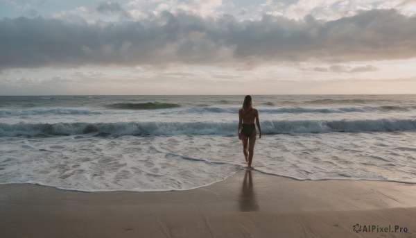 1girl, solo, long hair, black hair, swimsuit, outdoors, sky, cloud, water, from behind, one-piece swimsuit, ocean, beach, cloudy sky, scenery, walking, sand, horizon, facing away, wide shot, waves, footprints