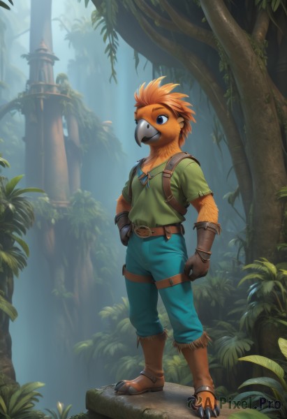 solo,blue eyes,shirt,gloves,1boy,standing,full body,short sleeves,male focus,boots,outdoors,day,belt,pants,artist name,bag,orange hair,tree,hand on hip,bird,leaf,backpack,plant,nature,furry,brown gloves,forest,green shirt,furry male,beak,leather belt,smile,brown hair,jewelry,necklace,mask,feathers,claws,pillar,talons,moss