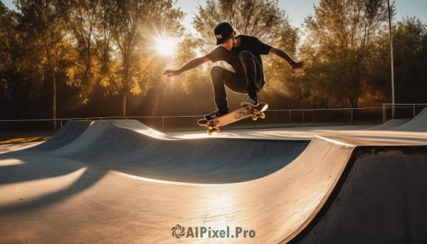 solo,short hair,shirt,black hair,long sleeves,1boy,hat,male focus,outdoors,shoes,day,pants,tree,black shirt,shadow,black pants,sunlight,outstretched arm,sneakers,baseball cap,mouth mask,sun,road,lamppost,skates,skateboard,short sleeves,sky,water,squatting,t-shirt,scenery,sunset,watercraft,wide shot,park