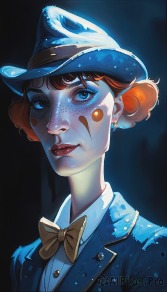 1girl,solo,looking at viewer,smile,short hair,bangs,blue eyes,brown hair,shirt,hat,bow,jewelry,closed mouth,jacket,white shirt,upper body,earrings,collared shirt,artist name,bowtie,hair bun,orange hair,lips,eyelashes,makeup,buttons,facial mark,formal,lipstick,blue jacket,portrait,yellow bow,eyeshadow,blue headwear,freckles,nose,red lips,facepaint,yellow bowtie,suit,top hat,stud earrings,dark background,clown