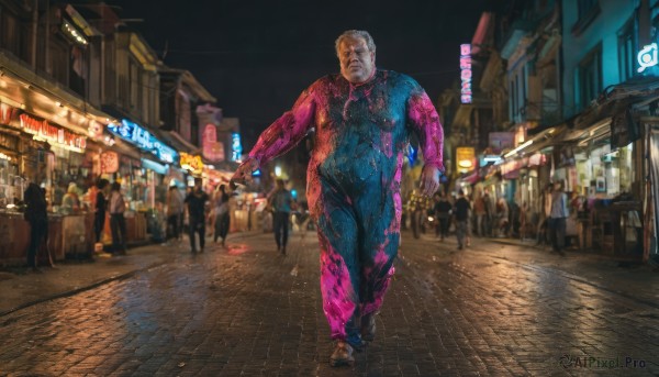 1boy,white hair,male focus,outdoors,multiple boys,solo focus,bodysuit,mask,night,building,night sky,walking,city,realistic,road,street,spider web print,neon lights,sky,science fiction,6+boys,sign,car,cityscape,multiple others,crowd,city lights,cyberpunk,people,pavement,crosswalk,real world location,6+others,sidewalk