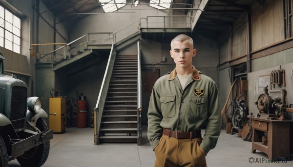 solo,looking at viewer,shirt,1boy,standing,jacket,white shirt,weapon,male focus,belt,pants,indoors,uniform,lips,military,window,military uniform,ground vehicle,motor vehicle,pocket,stairs,realistic,hands in pockets,breast pocket,bald,very short hair,brown pants,motorcycle,jumpsuit,blue eyes,blonde hair,helmet,scenery