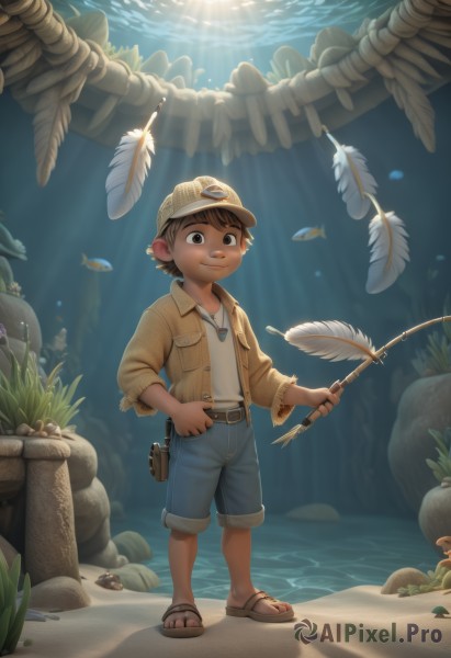 solo,smile,brown hair,shirt,1boy,hat,holding,brown eyes,closed mouth,standing,jacket,full body,white shirt,male focus,outdoors,open clothes,shorts,belt,pants,water,necklace,animal,sandals,sunlight,feathers,denim,child,rope,fish,light rays,rock,underwater,male child,fishing rod,flip-flops,turtle,looking at viewer,short hair,jewelry,ocean,sand,holding fishing rod