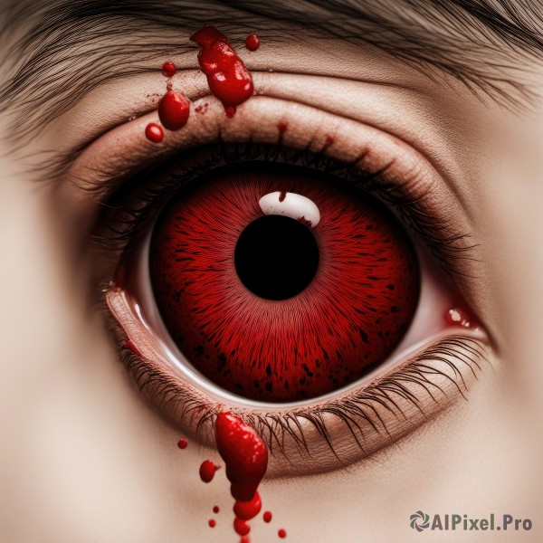 1girl,solo,looking at viewer,red eyes,1boy,male focus,tongue,eyelashes,blood,close-up,blood on face,realistic,horror (theme),eye focus,blood from eyes,food,black eyes,fruit,reflection,strawberry,dripping,extra eyes