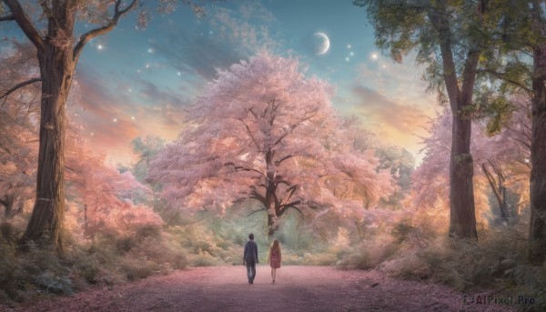 1girl,long hair,short hair,skirt,brown hair,black hair,1boy,standing,hetero,outdoors,sky,cloud,from behind,tree,petals,holding hands,moon,grass,cherry blossoms,star (sky),nature,scenery,forest,walking,facing away,road,crescent moon,twilight,path,day,signature,blue sky,sunlight,sunset,sunrise