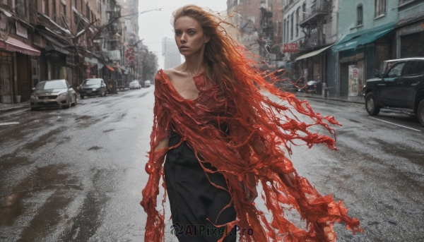 1girl,solo,long hair,looking at viewer,blonde hair,brown hair,outdoors,solo focus,day,lips,torn clothes,ground vehicle,building,motor vehicle,science fiction,city,realistic,car,road,street,truck,blue eyes,holding,standing,collarbone,red hair,sky,orange hair,blood,wind,tentacles,walking,sign,power lines,road sign,horror (theme),transformation,guro,traffic light