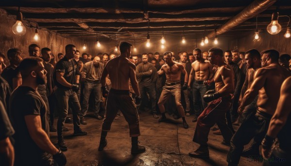 short hair,shirt,black hair,gloves,male focus,boots,multiple boys,pants,indoors,blurry,muscular,tank top,bottle,walking,6+boys,hat,belt,mask,facial hair,denim,t-shirt,topless male,jeans,realistic