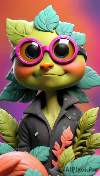 solo,looking at viewer,smile,blue eyes,1boy,animal ears,closed mouth,jacket,upper body,flower,male focus,glasses,artist name,blurry,black jacket,gradient,gradient background,leaf,goggles,furry,freckles,blurry foreground,furry male,tinted eyewear,simple background,shirt,green hair,no humans,:3,colored skin,bird,animal,watermark,plant,web address,green skin,leaf on head,pink-framed eyewear,beak