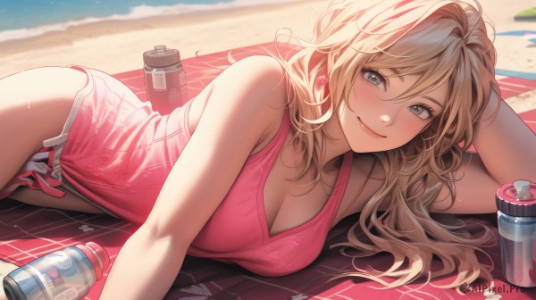 1girl,solo,long hair,breasts,looking at viewer,blush,smile,bangs,blonde hair,large breasts,shirt,cleavage,hair between eyes,bare shoulders,jewelry,medium breasts,closed mouth,collarbone,swimsuit,thighs,sweat,earrings,outdoors,lying,shorts,sleeveless,day,water,blurry,lips,wet,one-piece swimsuit,grey eyes,bare arms,short shorts,sleeveless shirt,ocean,on side,beach,tank top,bottle,towel,pink shirt,white shorts,sand,water bottle,dolphin shorts,pink shorts,beach towel,pink one-piece swimsuit,blue eyes,wavy hair,sunlight,messy hair