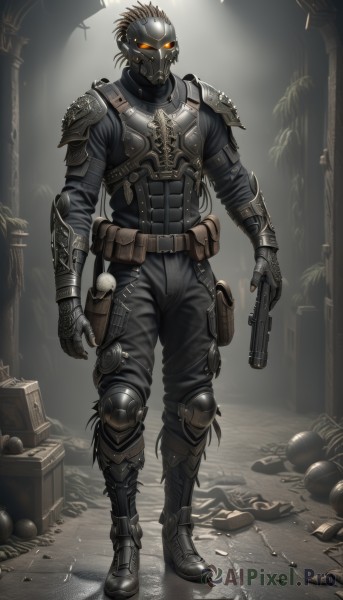 solo,looking at viewer,1boy,holding,standing,full body,weapon,male focus,boots,belt,holding weapon,armor,tree,orange eyes,gun,mask,glowing,helmet,shoulder armor,holding gun,glowing eyes,handgun,pauldrons,skull,pouch,knee pads,greaves,belt pouch,explosive,gas mask,holstered weapon,gauntlets,armored boots,pillar,full armor,ammunition